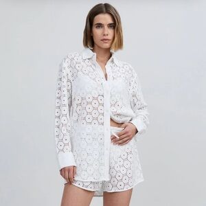 Solid and Striped Tunic Honeycomb Eyelet White Button Down Shirt, XS